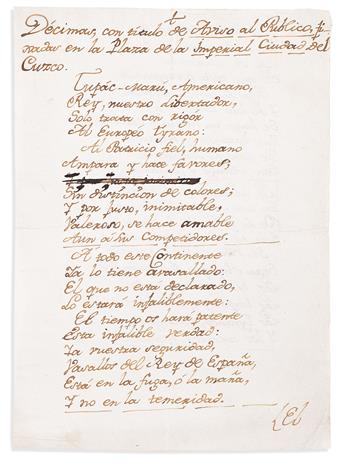 (PERU.) Manuscript poem in honor of the rebel leader Túpac Amaru II.                                                                             